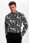 Slim Fit Polo Yaka Baskılı Uzun Kollu Gömlek