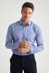 Slim Fit Polo Yaka Desenli Poplin Uzun Kollu Klasik Gömlek