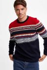 Slim Fit Renk Bloklu ve Etnik Desenli Bisiklet Yaka Triko Kazak