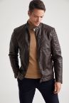 Slim Fit Dik Yaka Suni Deri Biker Ceket