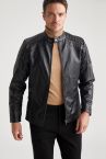 Slim Fit Dik Yaka Suni Deri Biker Ceket