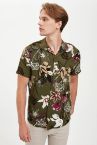 Slim Fit Viskon Çiçek Desenli Kısa Kollu Gömlek