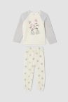 Kız Çocuk Kedi Baskılı Peluş Uzun Kollu Pijama Takımı