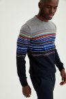 Slim Fit Bisiklet Yaka Çizgili Triko Kazak