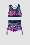 Kız Çocuk Çiçek Desenli Esnek Bikini Ve Şort Takımı