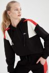 Renk Bloklu Kapüşonlu Yazı Baskılı Spor Sweatshirt