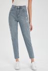 Lina Yıkamalı Mom Fit Yırtık Detaylı Jean Pantolon