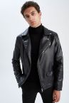 Slim Fit Suni Deri Biker Mont