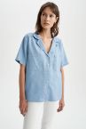 Cep Detaylı Ceket Yaka Oversize Fit Kısa Kollu Sürdürülebilir Tencel Gömlek