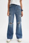 Relaxed Flare Yırtık Detaylı Geniş Paça Jean Pantolon