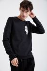 Slim Fit Bisiklet Yaka Fotoğraf Baskılı Uzun Kollu İçi Yumuşak Tüylü Sweatshirt