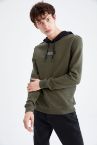 Slim Fit Kapüşonlu Slogan Desenli Uzun Kollu İçi Yumuşak Tüylü Sweatshirt