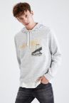 Slim Fit Kapüşonlu Şehir Desenli Uzun Kollu İçi Yumuşak Tüylü Sweatshirt