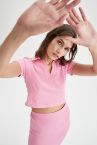 Polo V Yaka Crop Kısa Kollu Tişört