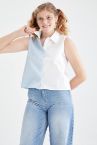 Coool Renk Bloklu Relax Fit Askılı Poplin Crop Gömlek
