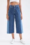 Culotte Fit Renk Bloklu Yüksek Bel Jean Pantolon