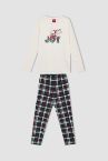 Kız Çocuk Snoopy Lisanslı Yılbaşı Temalı Kareli Pamuklu Uzun Kollu Pijama Takım