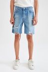 Regular Fit Yırtık Detaylı Jean Bermuda Şort