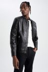Slim Fit Dik Yaka Suni Deri Ceket