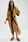Tropik Desenli Kuşaklı Uzun Yazlık Kimono