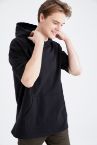 Kısa Kollu Kapüşonlu Oversize Fit Kanguru Cepli İnce Kumaş Sweatshirt