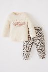 Kız Bebek Leopar Desenli Uzun Kollu Pamuklu Pijama Takım