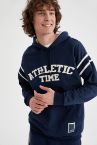 Boxy Fit Kapüşonlu Kolej Desenli İçi Yumuşak Tüylü Sweatshirt