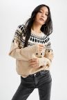 Oversize Fit Yılbaşı Temalı Bisiklet Yaka Etnik Desenli Triko Kazak