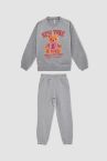 Kız Çocuk Bisiklet Yaka Ayıcık Baskılı Geri Dönüşümlü Sweatshirt Eşofman Alt Takım