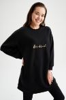 DF Plus Oversize Fit Slogan Baskılı Uzun Kollu Sweatshirt Tunik