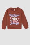 Kız Çocuk Regular Fit Bisiklet Yaka Baskılı İnce Sweatshirt Kumaşı İçi Yumuşak Tüylü Sweatshirt