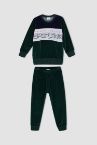 Erkek Çocuk Bisiklet Yaka Slogan Baskılı Uzun Kollu Kadife Pijama Takım