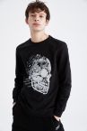 Slim Fit Bisiklet Yaka Kuru Kafa Desenli Uzun Kollu Sweatshirt
