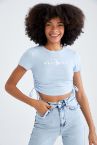Slim Fit Mistik Slogan Baskılı Kısa Kollu Fitili Crop Tişört