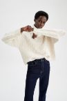 Oversize Fit Balıkçı Yaka Boğazlı Desenli Triko Kazak