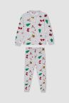 Kız Çocuk Regular Fit Bisiklet Yaka Yılbaşı Temalı Uzun Kollu Pijama Takım