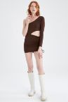 Slim Fit Kare Yaka Mini Long Sleeve Knitted Dress