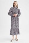 Regular Fit Floral Gömlek Yaka Uzun Kollu Maxi Elbise