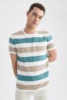 Slim Fit Bisiklet Yaka Çizgi Desenli Kısa Kollu Pamuklu Penye Tişört