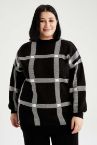 Büyük Beden Oversize Fit Bisiklet Yaka Kare Desenli Uzun Kollu Triko Tunik