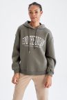 Regular Fit Kapüşonlu Slogan Baskılı İçi Yumuşak Tüylü Sweatshirt
