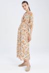 Traditional Regular Fit Wrap Yaka Floral Belmando Kısa Kollu Elbise