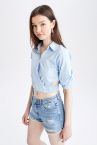 Fitted Gömlek Yaka Yarım Kollu Crop Bluz
