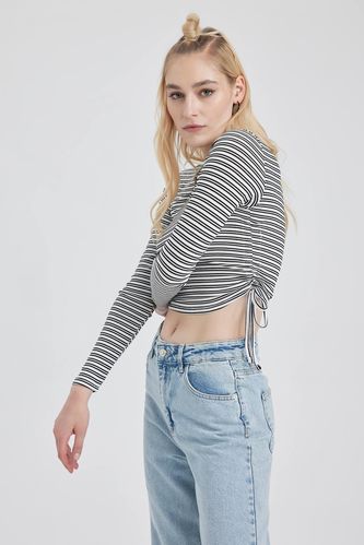 Fitted Crew Neck Striped Long Sleeve Crop T-Shirt
