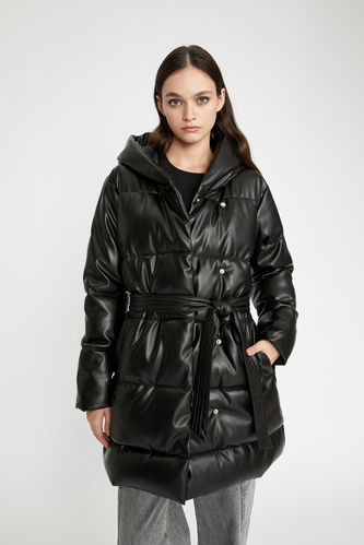 Waterproof Regular Fit Hooded Faux Leather Long Puffer Jacket