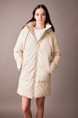 Waterproof Relax Fit Hooded Faux Leather Puffer Jacket