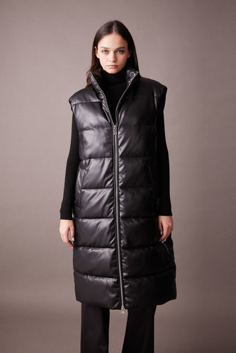 Waterproof Relax Fit Faux Leather Long Puffer Vest
