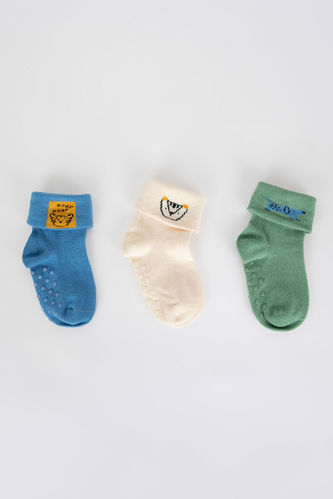 Erkek Bebek Kaydırmaz Tabanlı 3'lü Organik Pamuklu Uzun Çorap