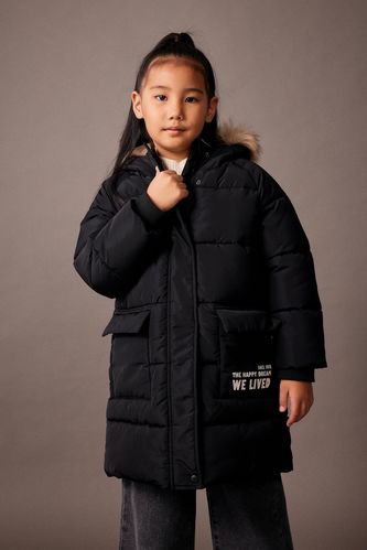 Girl Water Repellent Removable Fur Long Puffer Jacket