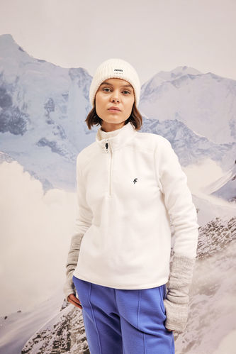 DeFactoFit Standart Fit Fermuarlı Yaka Baskılı Polar Sweatshirt
